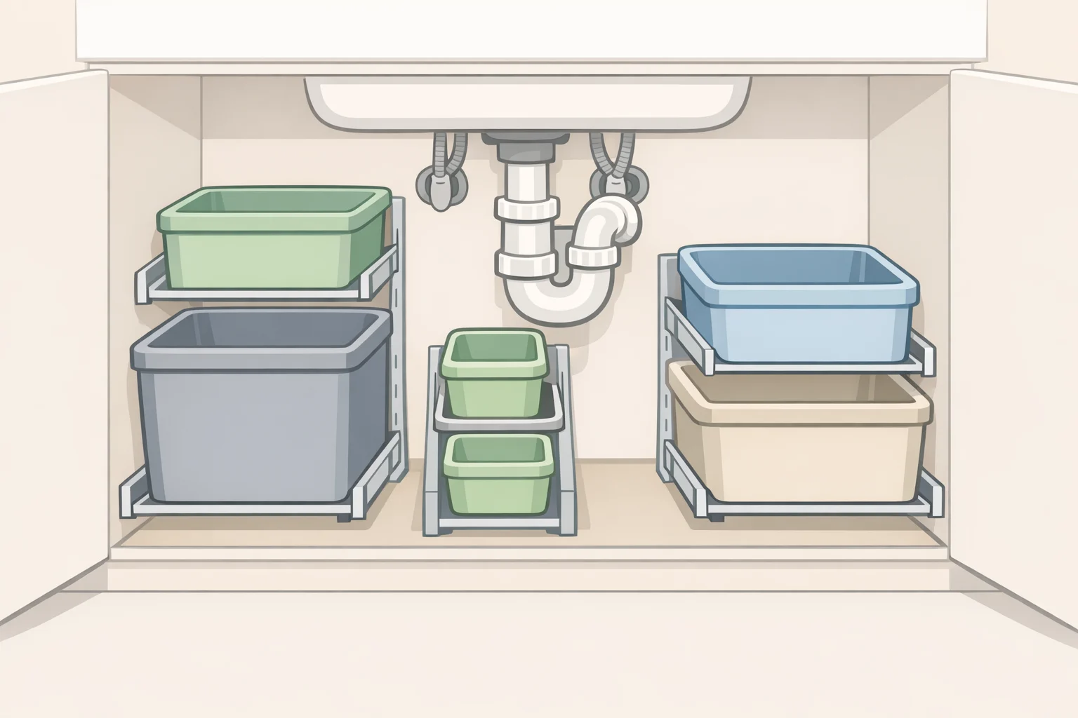 Deep under-sink storage ideas showing two-tier pull-out bins positioned beside a centered drain and supply lines while keeping the back row reachable