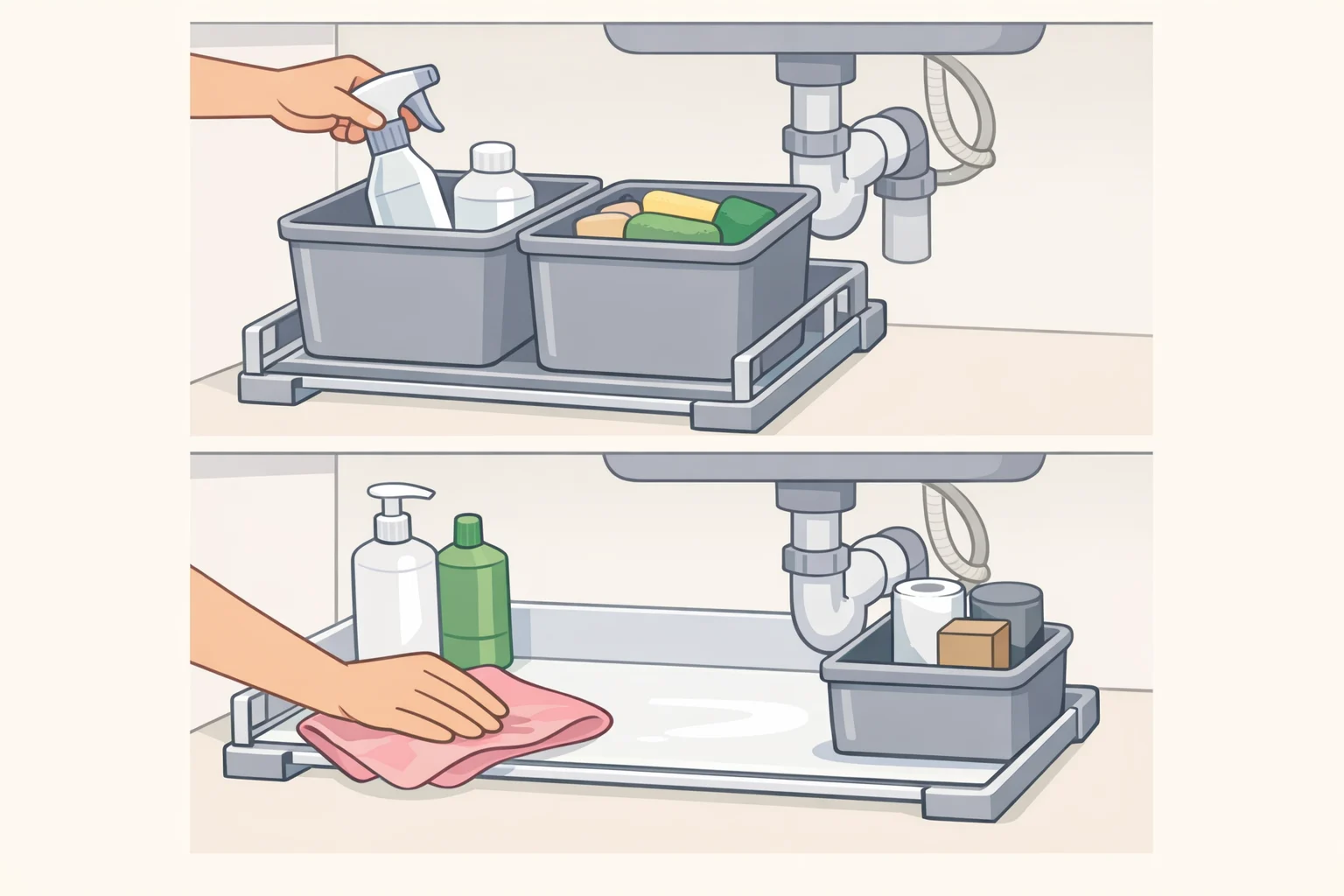 Monthly under-sink reset showing a person pulling out bins, discarding empties, returning items to fixed slots, and wiping a wipe-clean liner before restocking