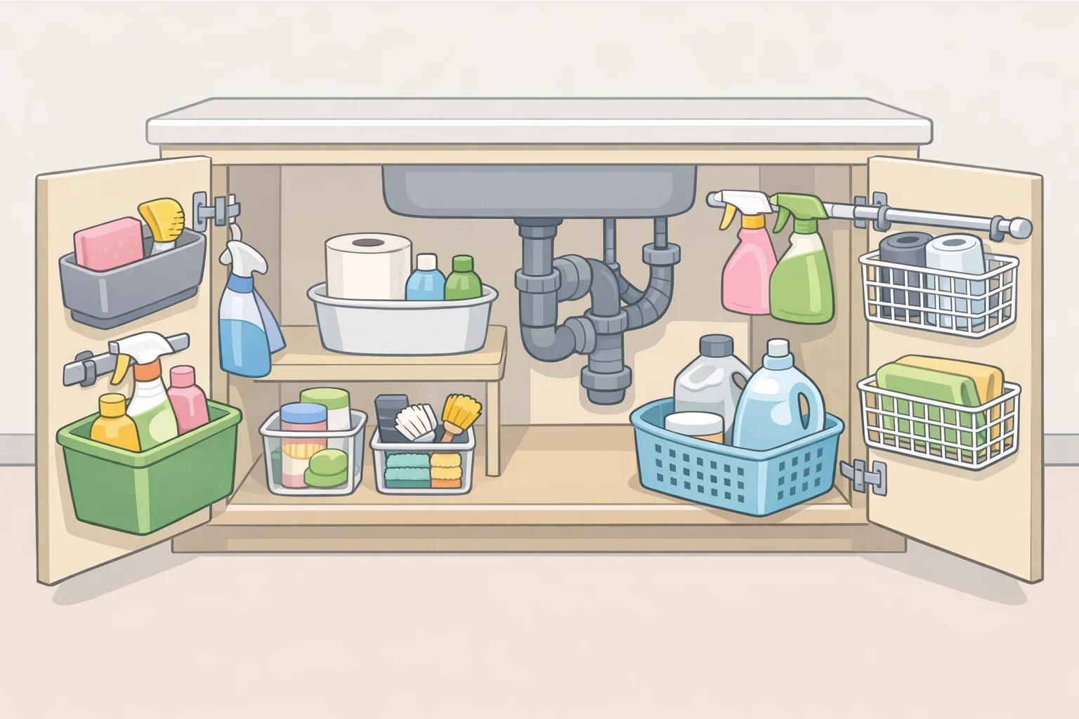 Standard under-sink cabinet layout with left and right pull-out zones, a drip-catch liner tray behind the drain, a door caddy for gloves, and a tension rod for spray bottles—an example of under sink storage ideas by cabinet zone