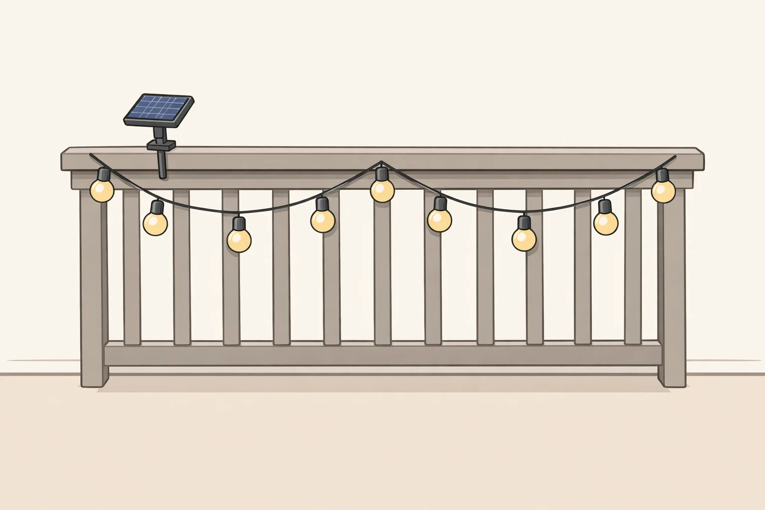 Illustration of solar string lights draped along a balcony railing and overhead, showing a renter-friendly balcony makeover lighting setup for a use-after-dark layout
