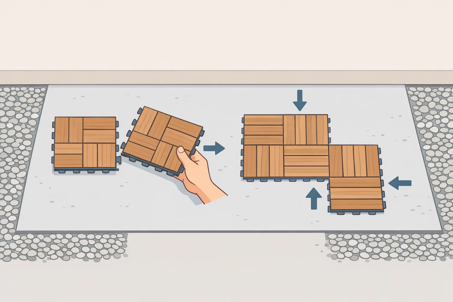Illustration of interlocking balcony deck tiles being fitted in a small NYC space, with landscaping gravel filling gap zones along the edges