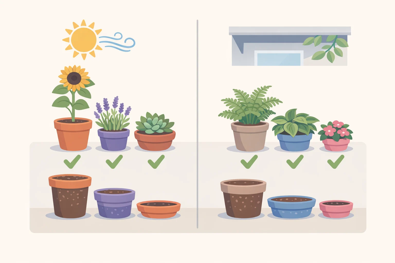 Illustration comparing two NYC balcony planters: wind-exposed sun area with hardy perennials and a shaded side with hostas, including guidance on container depth and securing planters