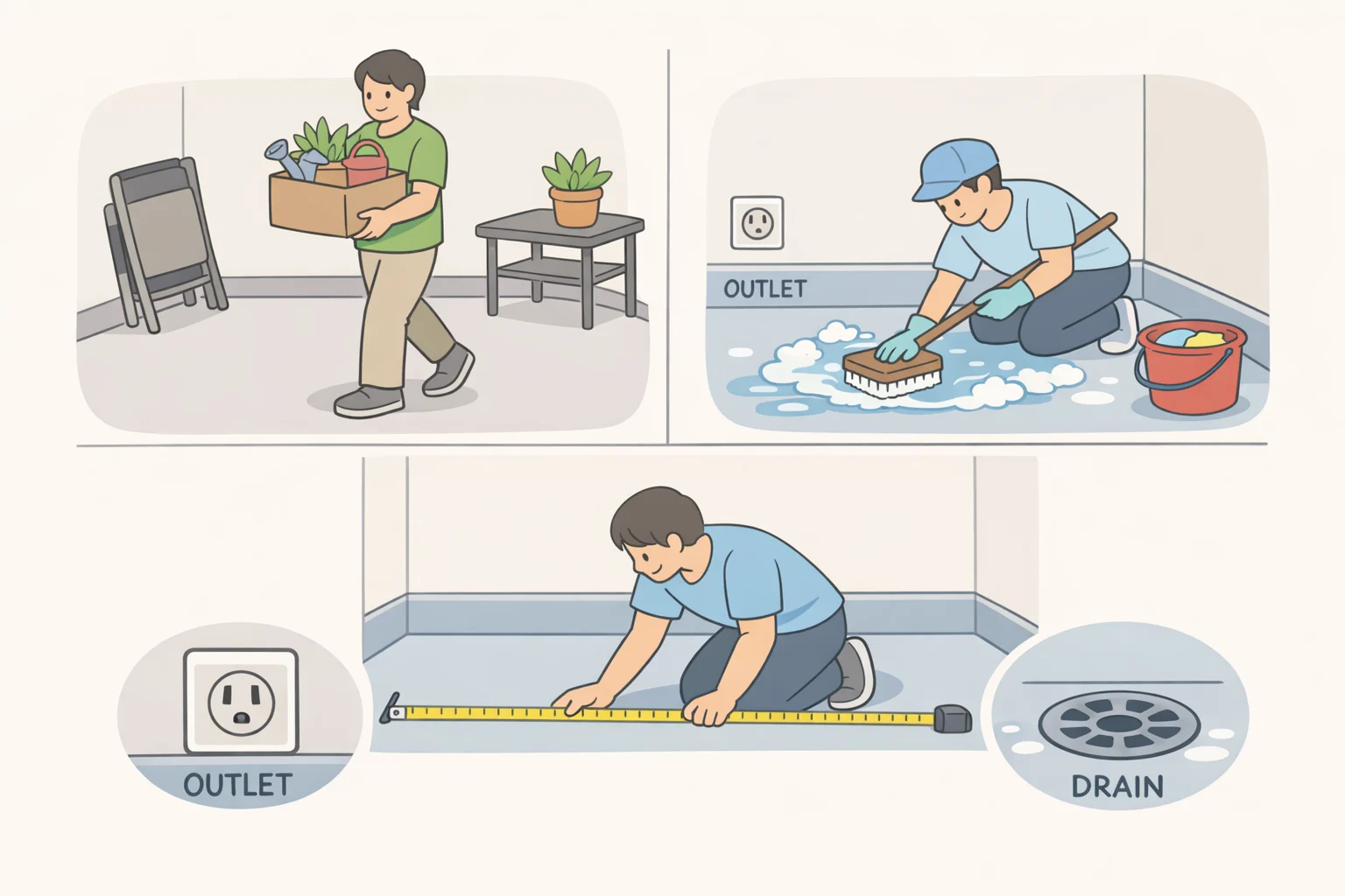 Illustration of a renter cleaning a small NYC balcony and marking outlet locations, drainage points, and sunlight direction with a tape measure