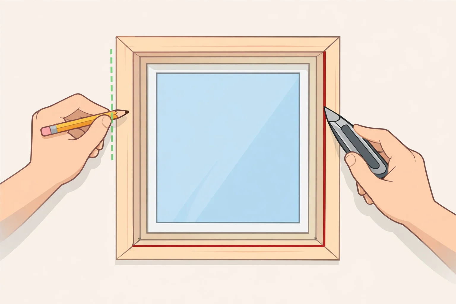 Diagram of planning the window trim reveal and casing width, showing the pencil reveal line around the jamb for consistent DIY plywood window trim cuts