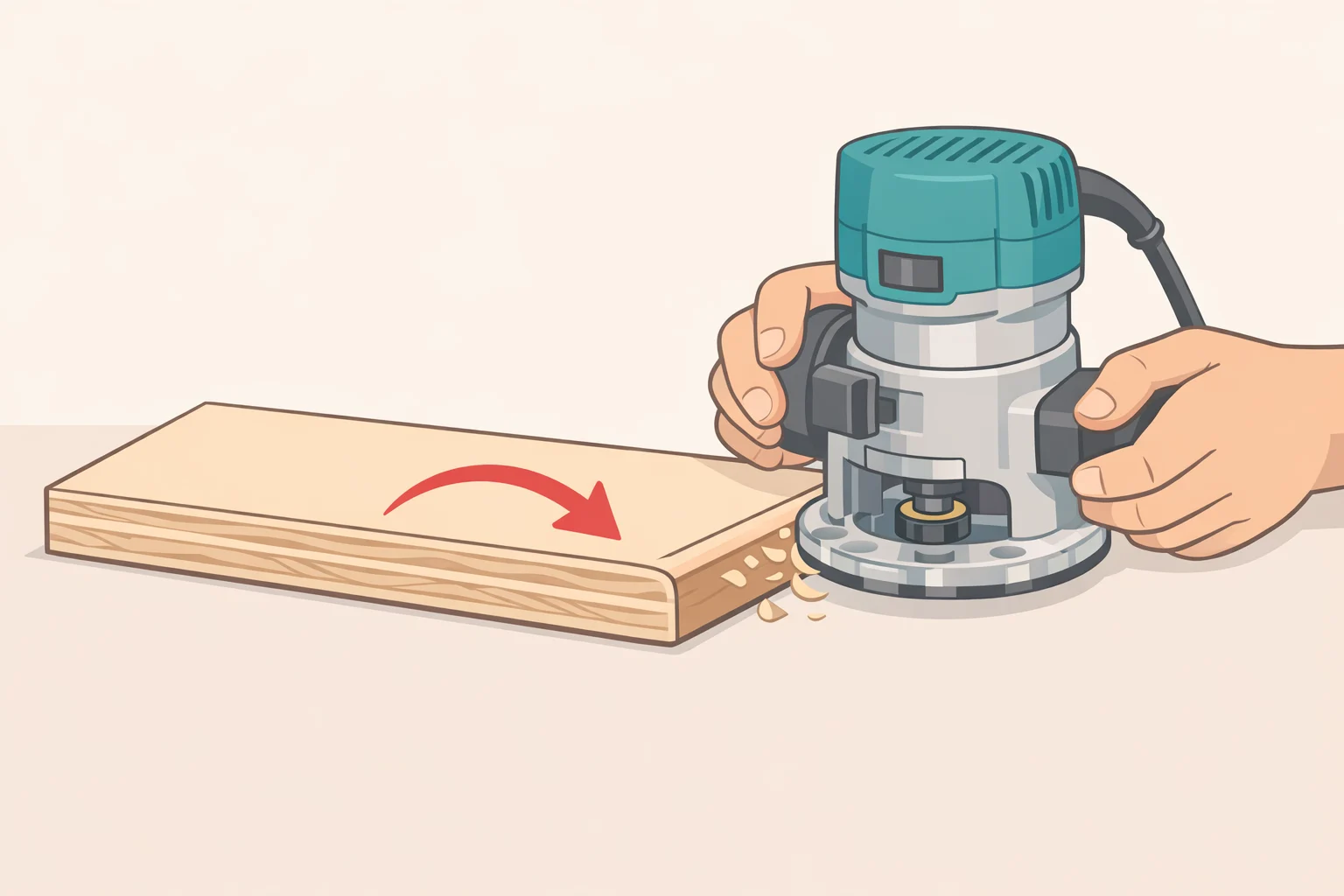 Close-up illustration of a router running along the inside edge to create a ⅛-inch roundover profile for DIY plywood window trim