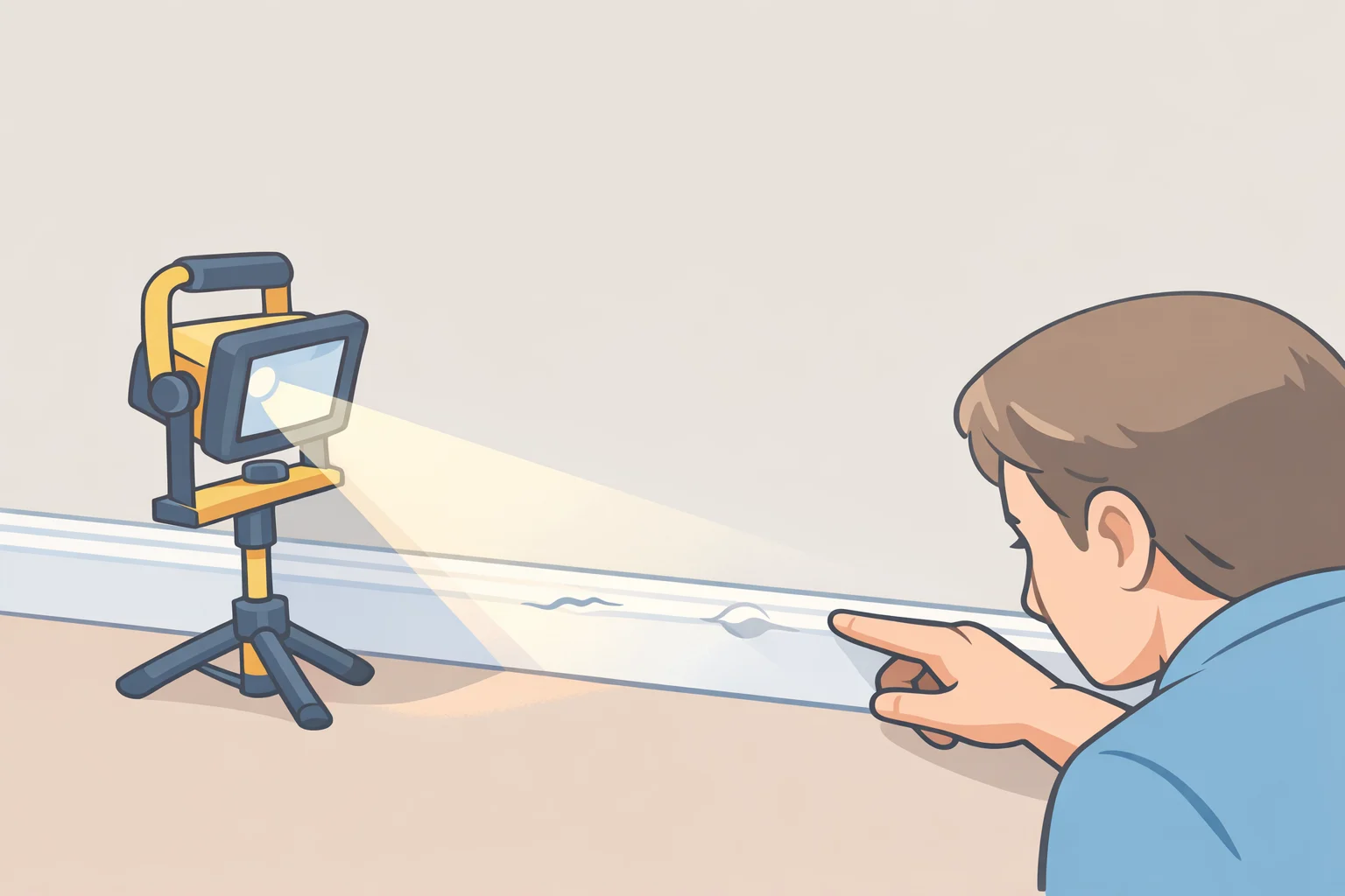 Illustration of a work light held at a low raking angle across painted plywood window trim to reveal sanding scratches, pinholes, and uneven spots