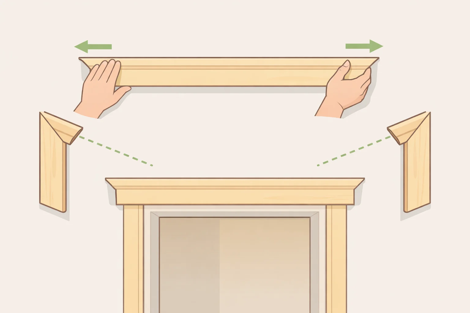 Illustration showing the head casing piece first, then the side legs aligned to the reveal line, with tight 45-degree miter corners on an interior window casing