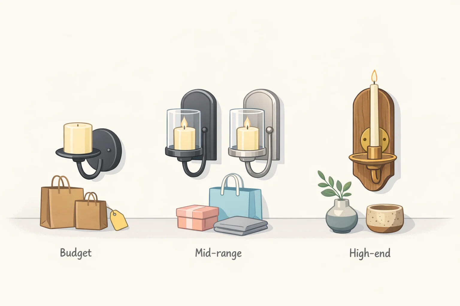 A visual map of candle sconce availability across retail tiers, from major home brands to independent studios, showing a broad entry-price range rather than sales volume