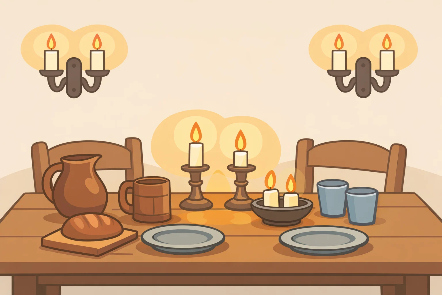 A candlelit tavern dining room scene with wrought iron candelabras and multiple wall-mounted candle sconces creating warm, distributed light