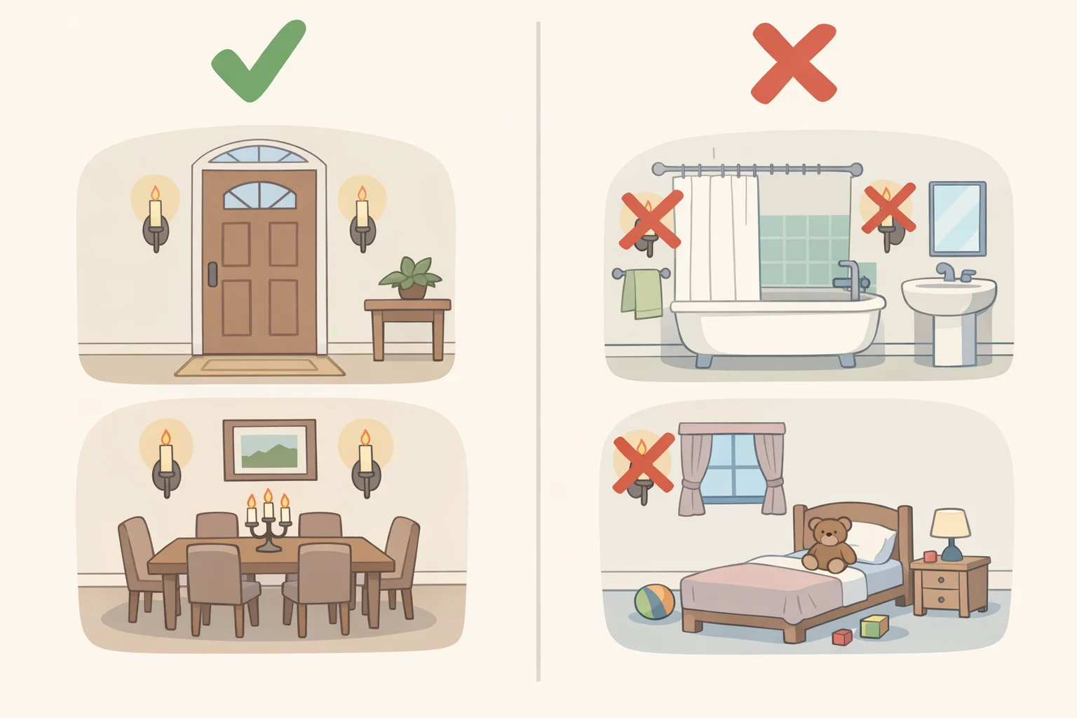A room layout comparison showing where wall-mounted candle sconces work best—dining room and entryway—versus kitchens and bathrooms for safer LED candle inserts, as a practical candle sconce trend guide