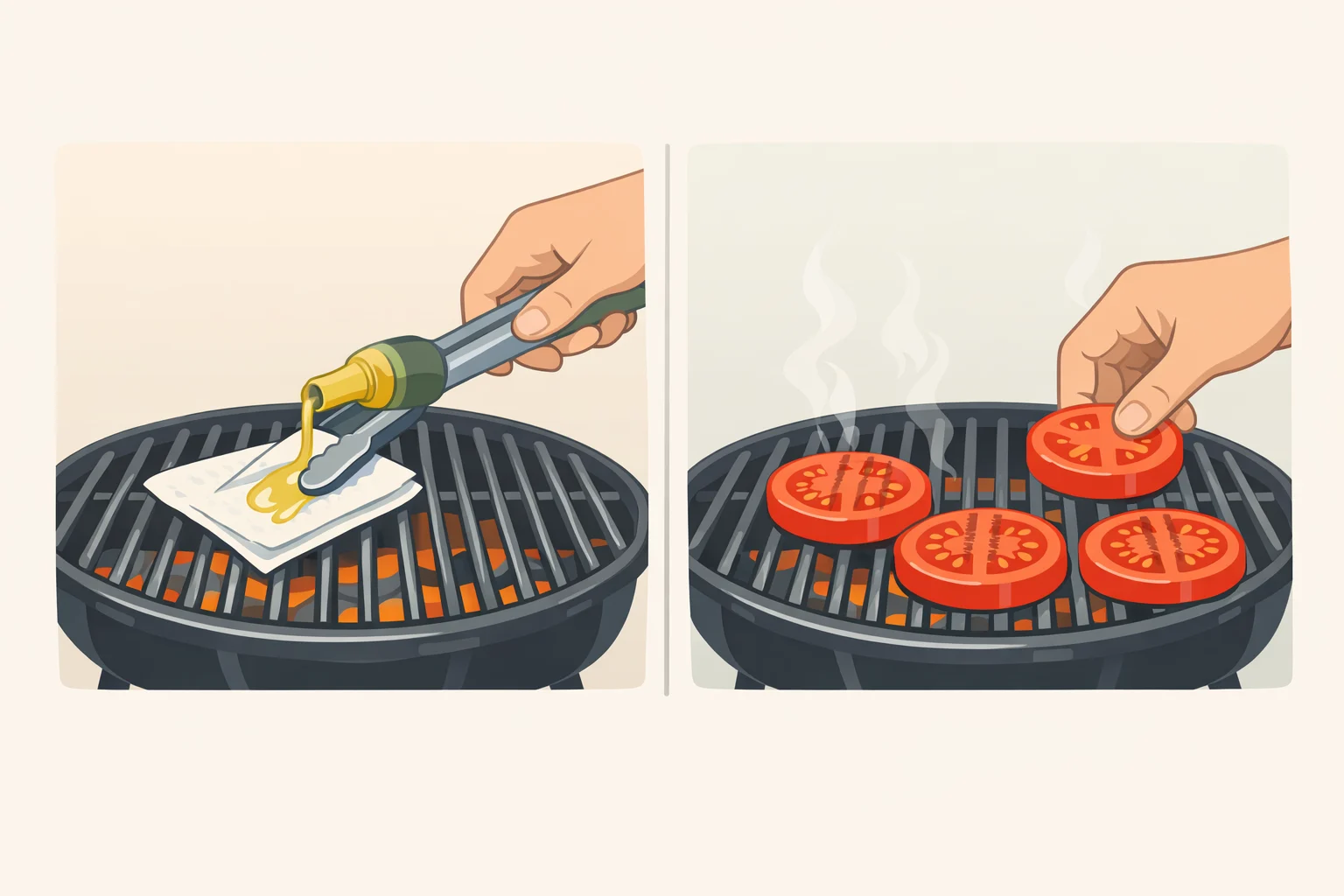 Illustration of a preheated, oiled grill grate with green tomato slices laid down and left undisturbed until char marks form