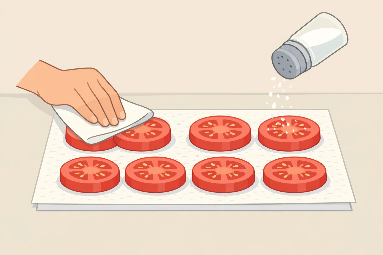 Illustration of 1/2-inch green tomato rounds laid flat on paper towels and gently pressed to remove surface moisture before grilling