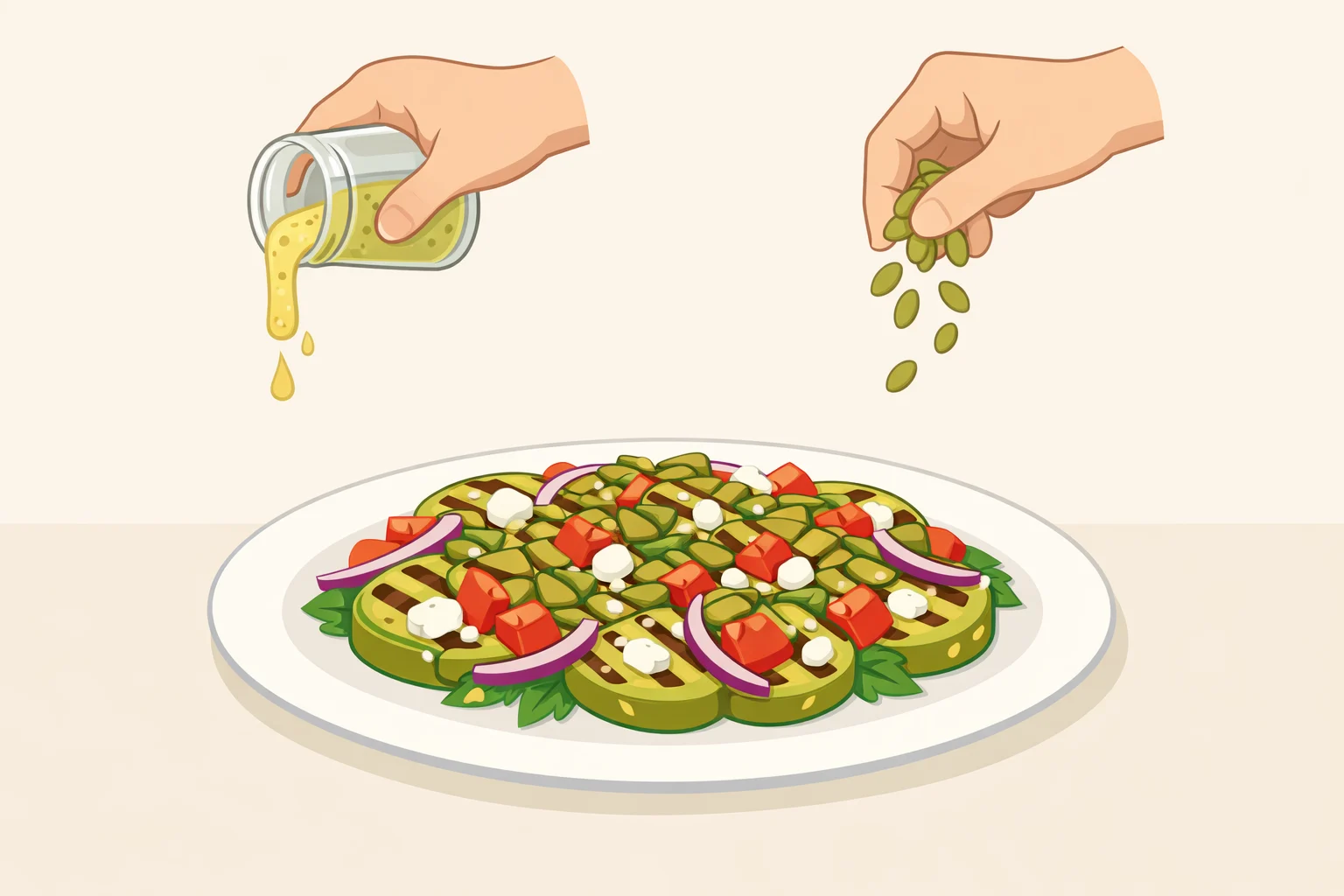 Illustration of a plated grilled green tomato salad topped with toasted pepitas and buttermilk vinaigrette for tangy, crunchy, sharp contrast
