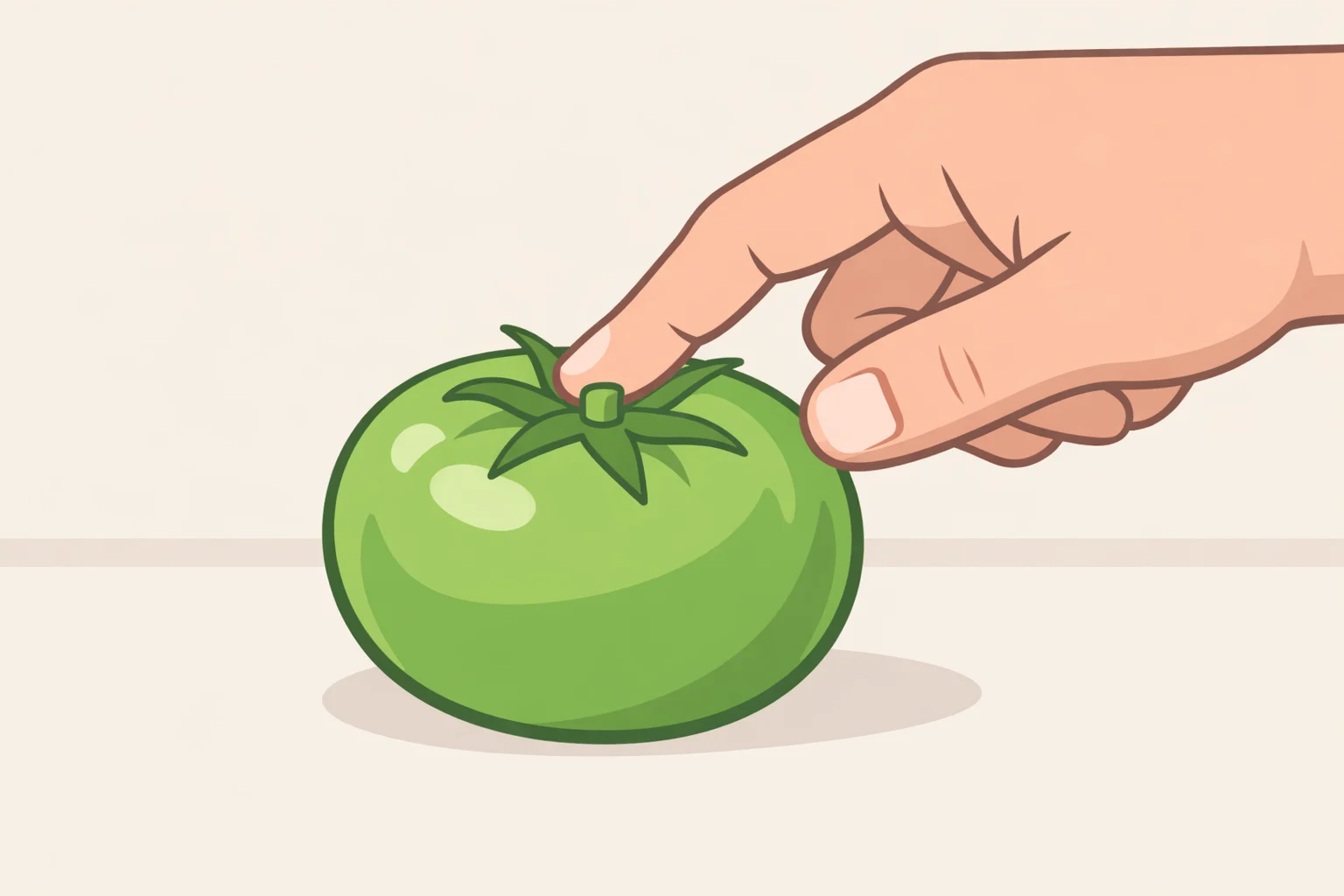 Illustration of how to choose green tomatoes for grilling by pressing near the stem end to confirm they are dense and not yielding; how to grill green tomatoes starts with truly unripe fruit