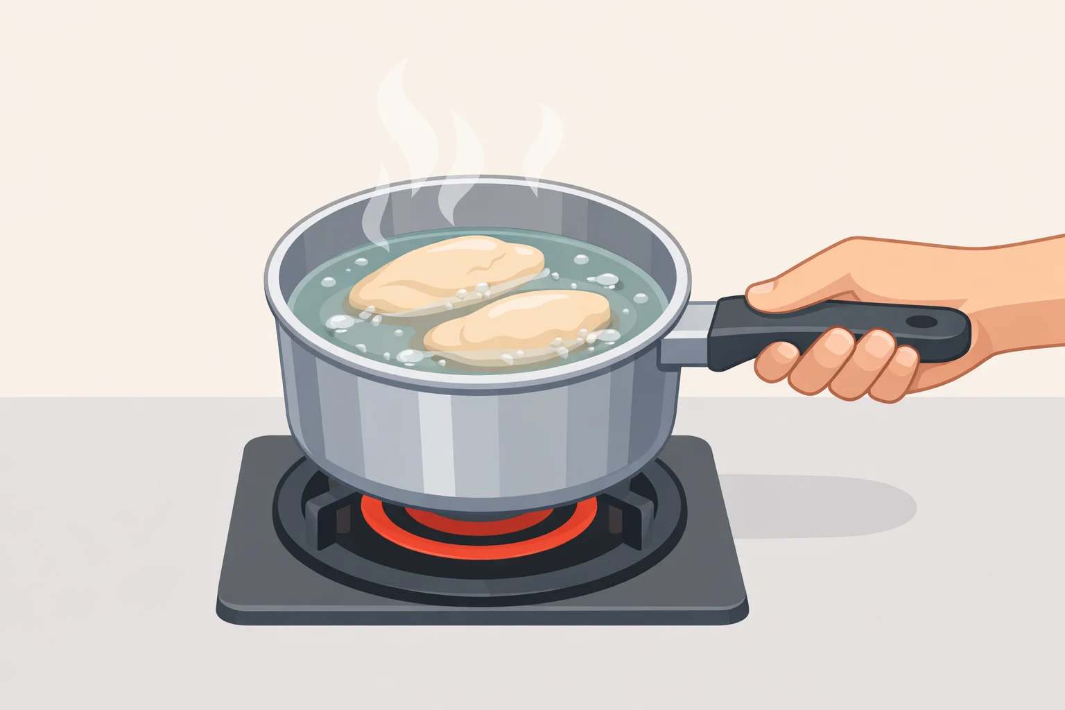Step-by-step view of how to poach chicken breast: the poaching liquid just reaches a bare simmer, the chicken is flipped once with tongs, and the pot is taken off the heat and covered