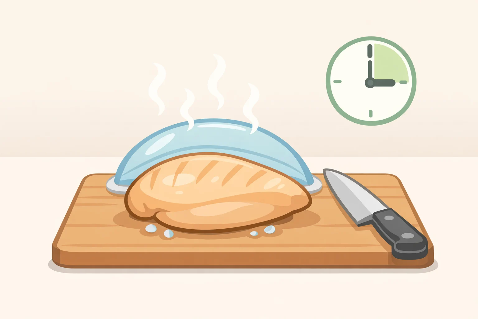 Chicken breast resting uncovered on a cutting board for at least 5 minutes before slicing, illustrating how rest time helps redistribute internal moisture