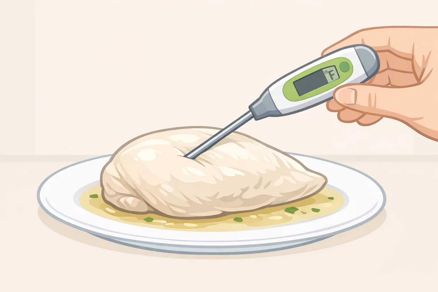 Close-up of an instant-read thermometer inserted into the thickest part of a poached chicken breast to verify the internal temperature for safe, juicy results