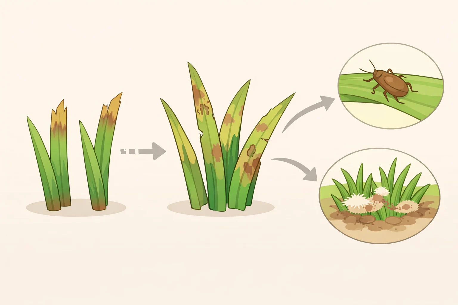 Diagram-style illustration of dull mower damage where torn grass tips dry out and become exposed tissue vulnerable to disease and insect injury
