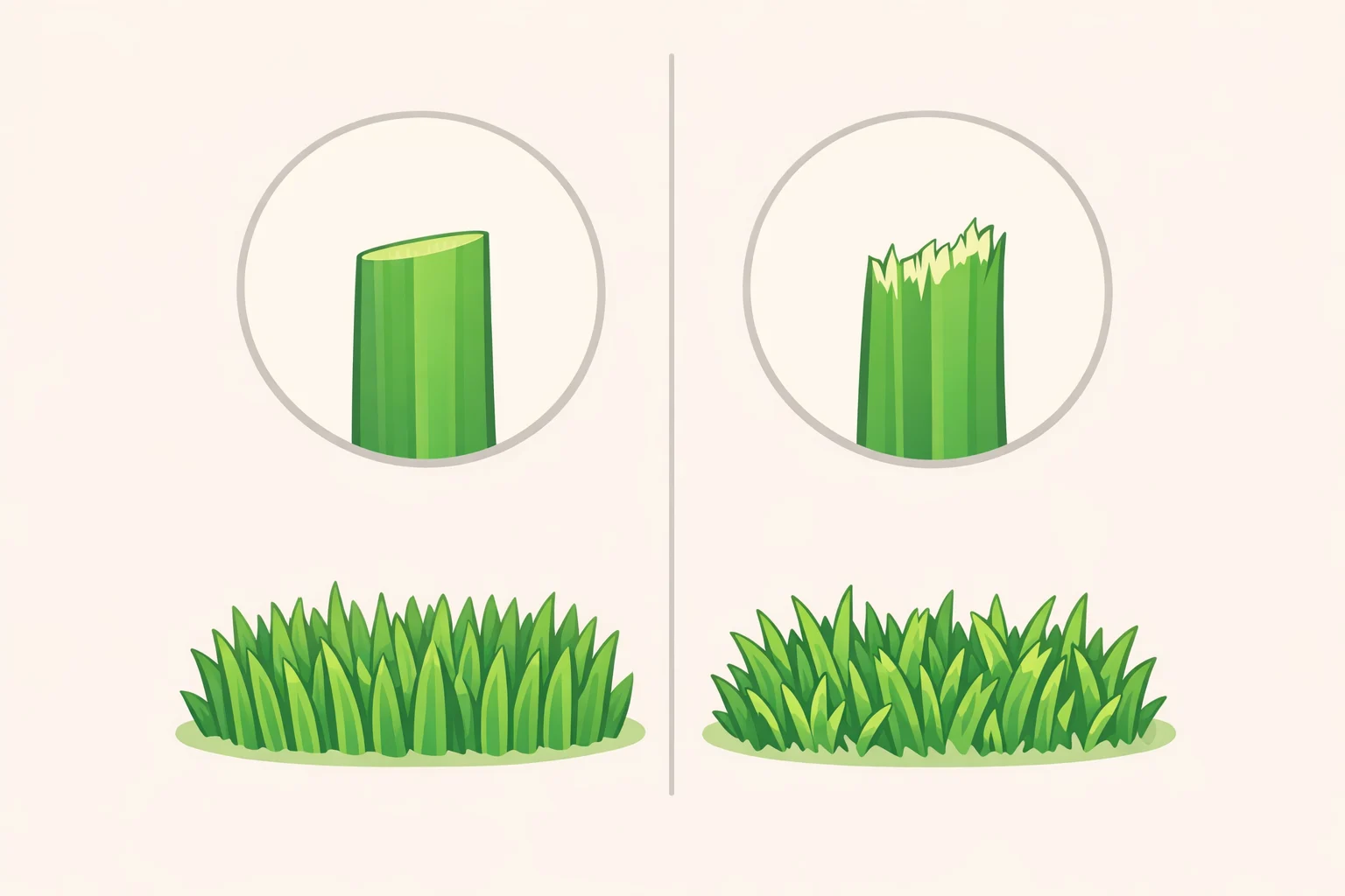 Close-up of grass tips after mowing showing frayed, fibrous ends indicating when to sharpen lawn mower blade for a clean cut