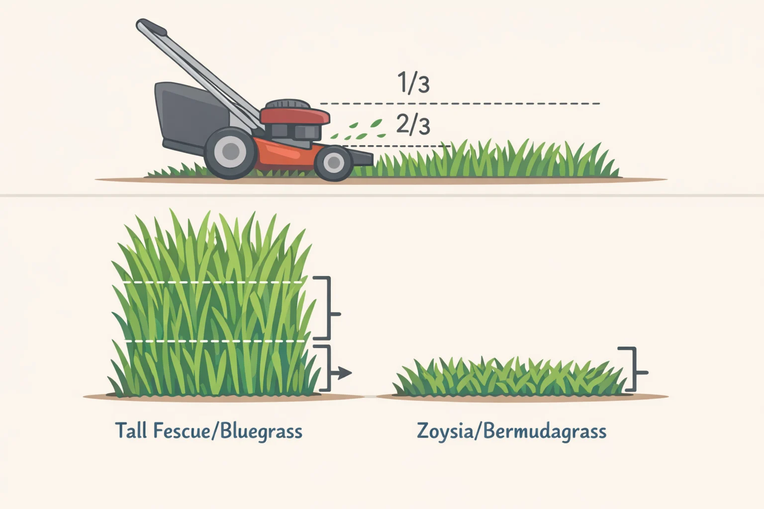 Infographic comparing recommended mowing heights (3–4 inches for tall fescue/bluegrass/buffalograss and ~2.5 inches for zoysia/bermudagrass) and enforcing the one-third rule