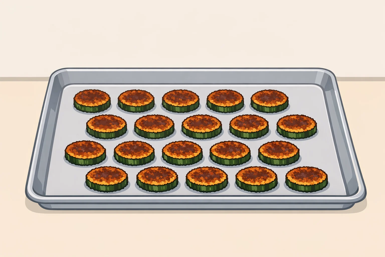 Illustration of zucchini Parmesan rounds spaced apart on a parchment-lined rimmed sheet pan, with a close-up of the deep mahogany brown crust