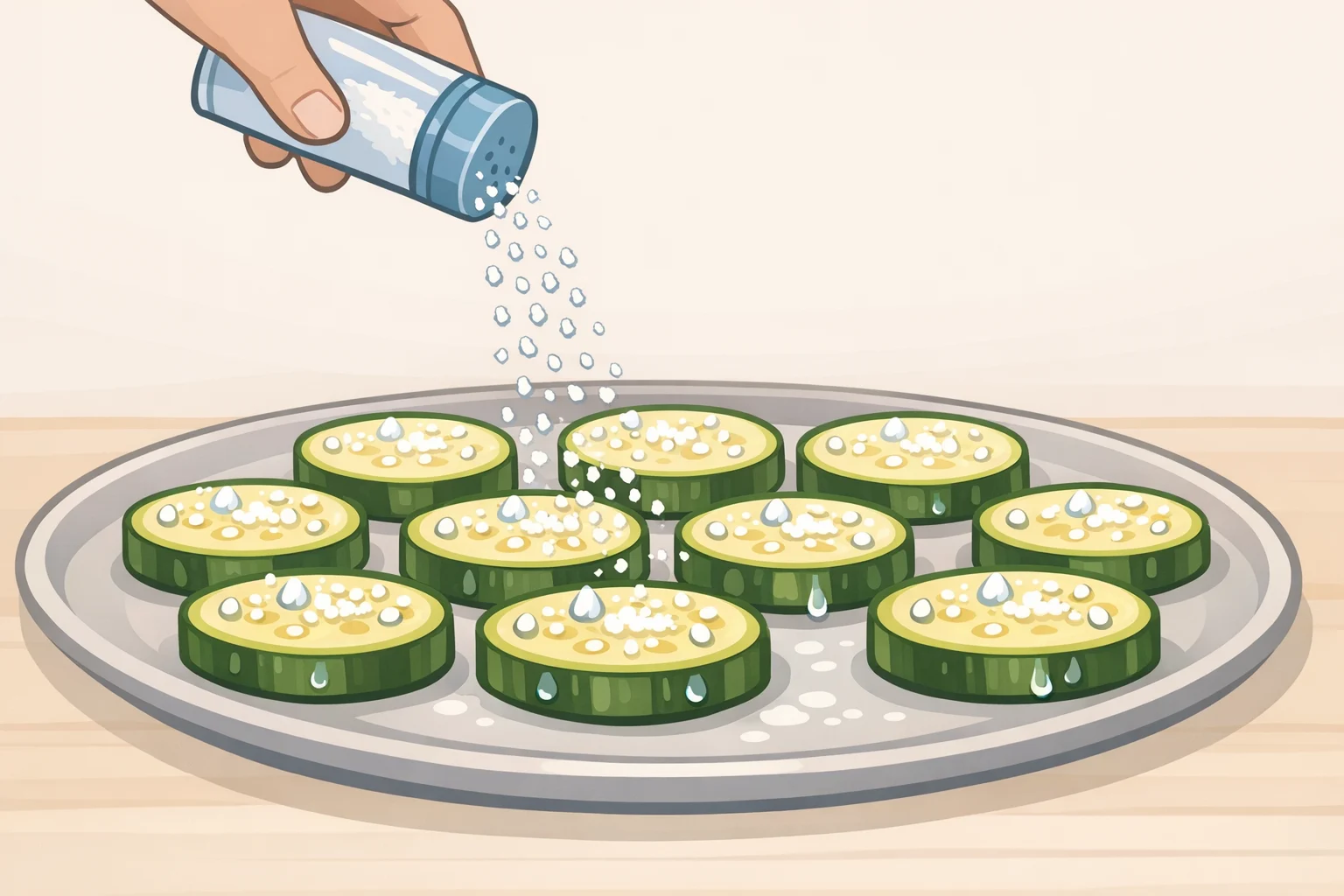Illustration of zucchini rounds in a single layer with kosher salt sprinkled on top to draw out moisture