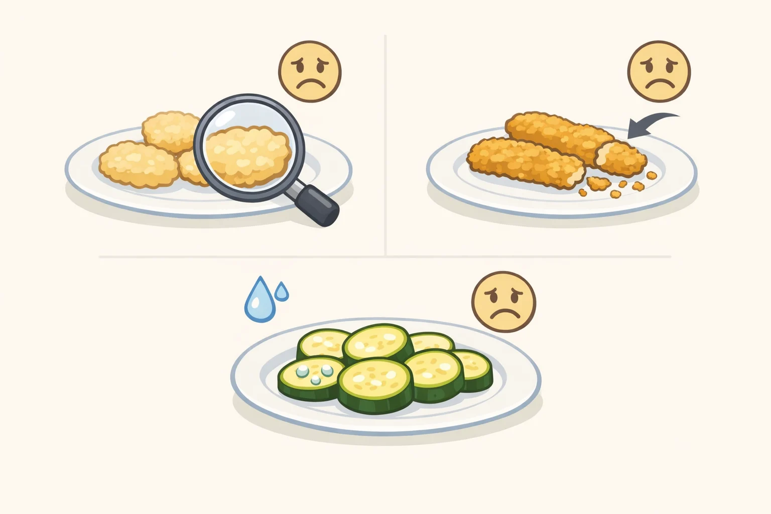 Illustration comparing crispy vs soggy baked zucchini Parmesan, highlighting pale under-browned coating and areas where the crust slid off