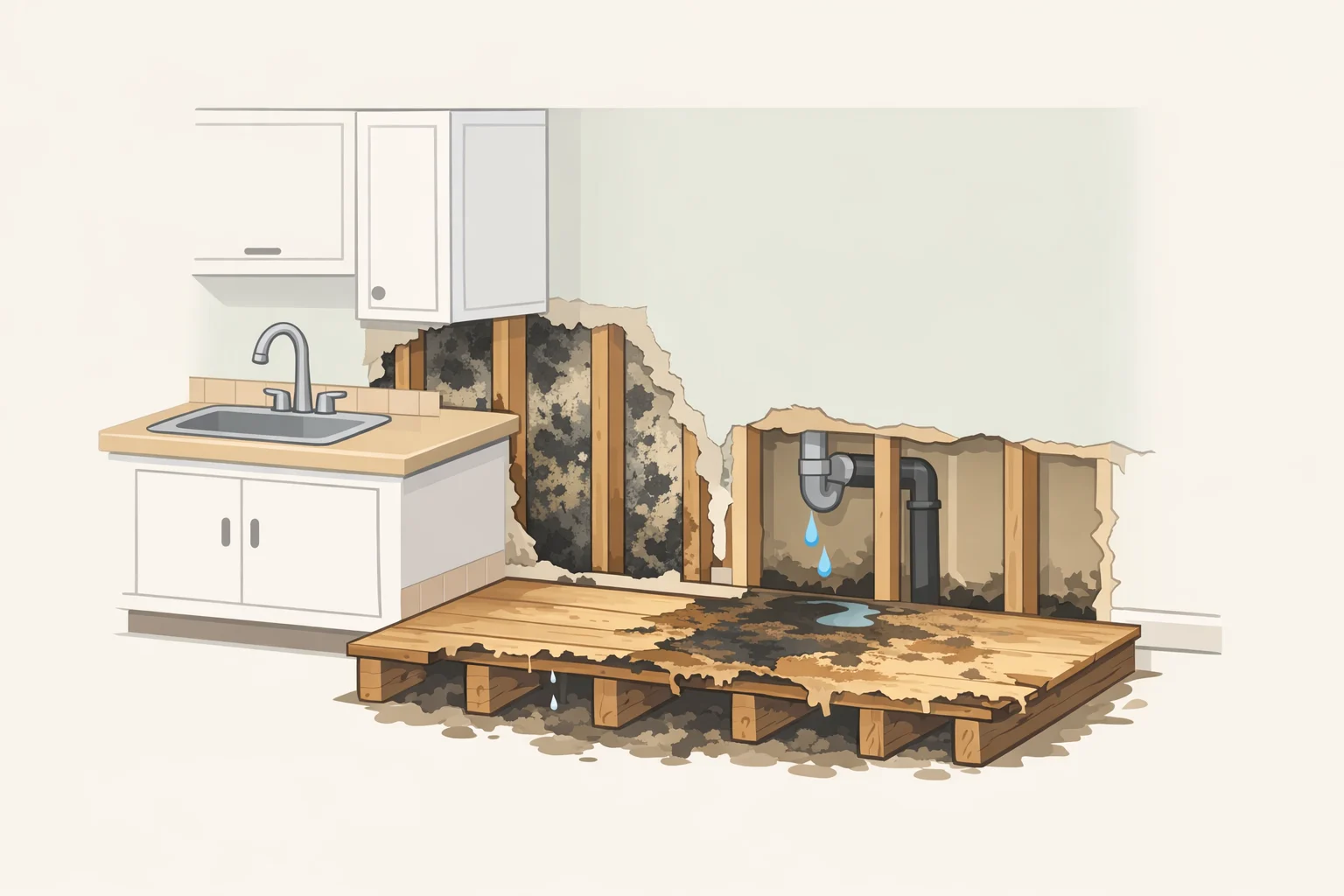 Illustration of a kitchen wall opened to show water intrusion causing subfloor rot and weakened wall framing behind cabinets