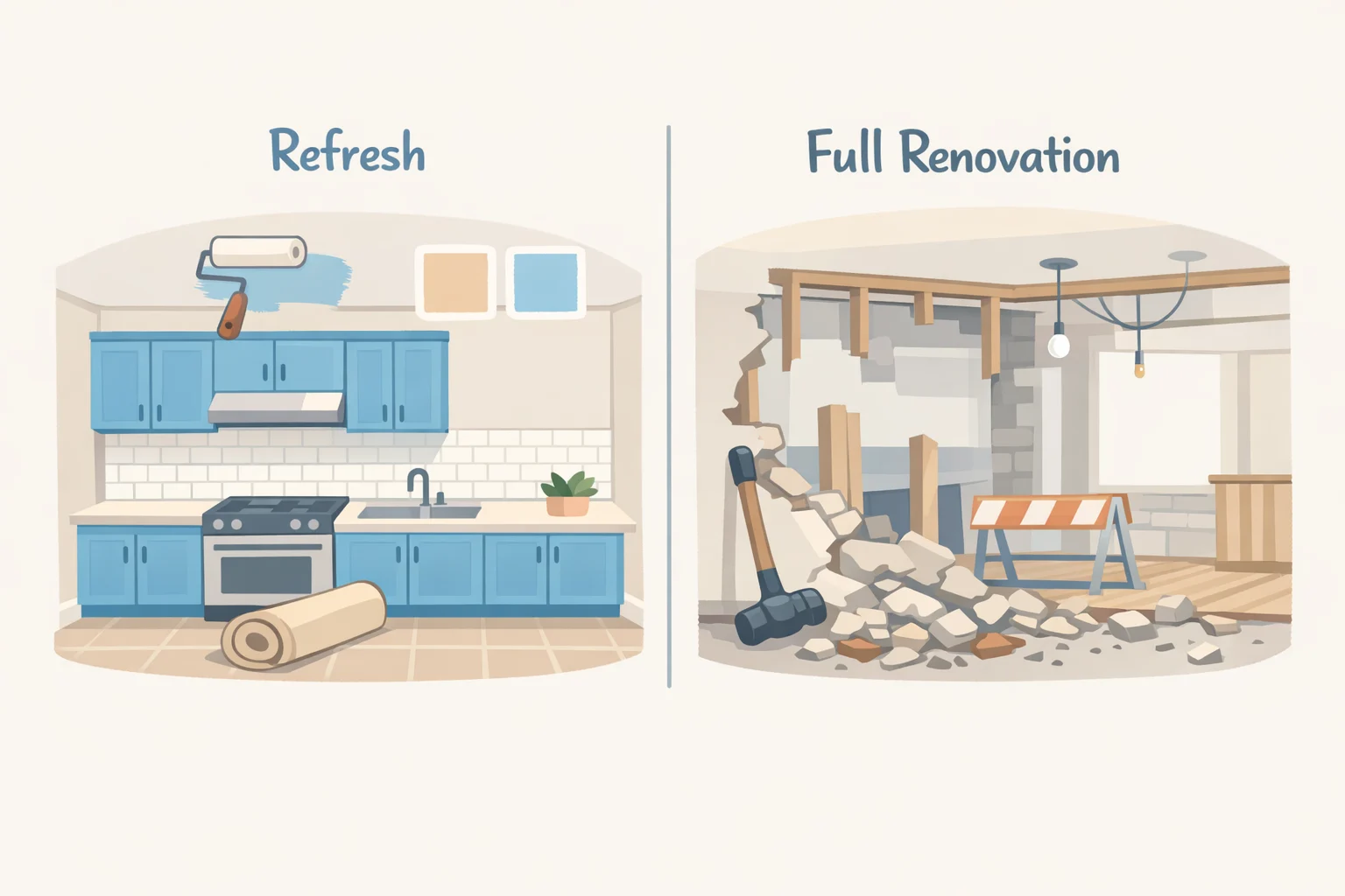 Illustration showing a kitchen refresh scope—new cabinet doors, countertop, hardware, backsplash, and under-cabinet lighting—without moving plumbing or walls