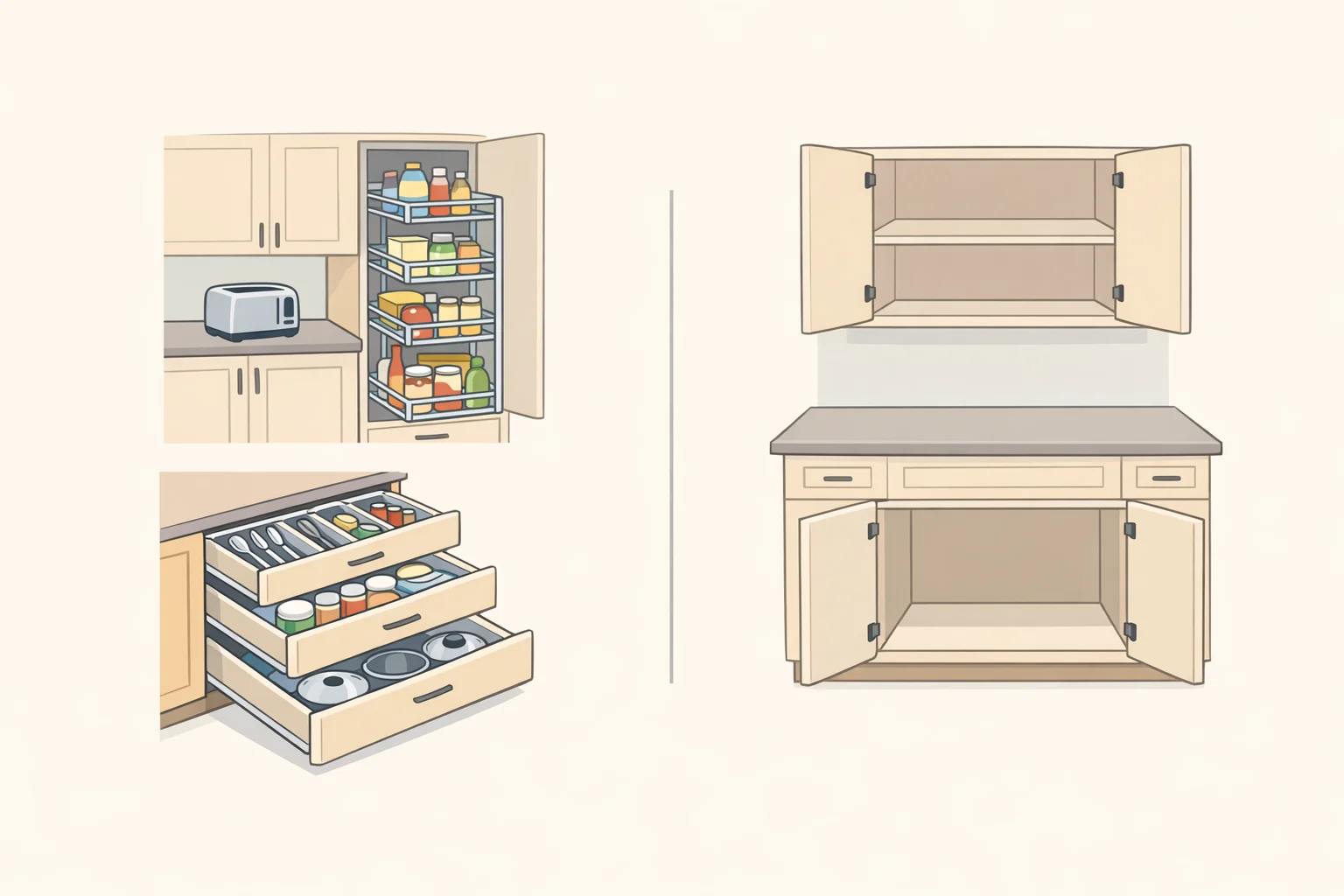 Illustration comparing cabinet interior organization solutions like pull-out pantry inserts and drawer dividers versus a layout that lacks usable wall or cabinet space