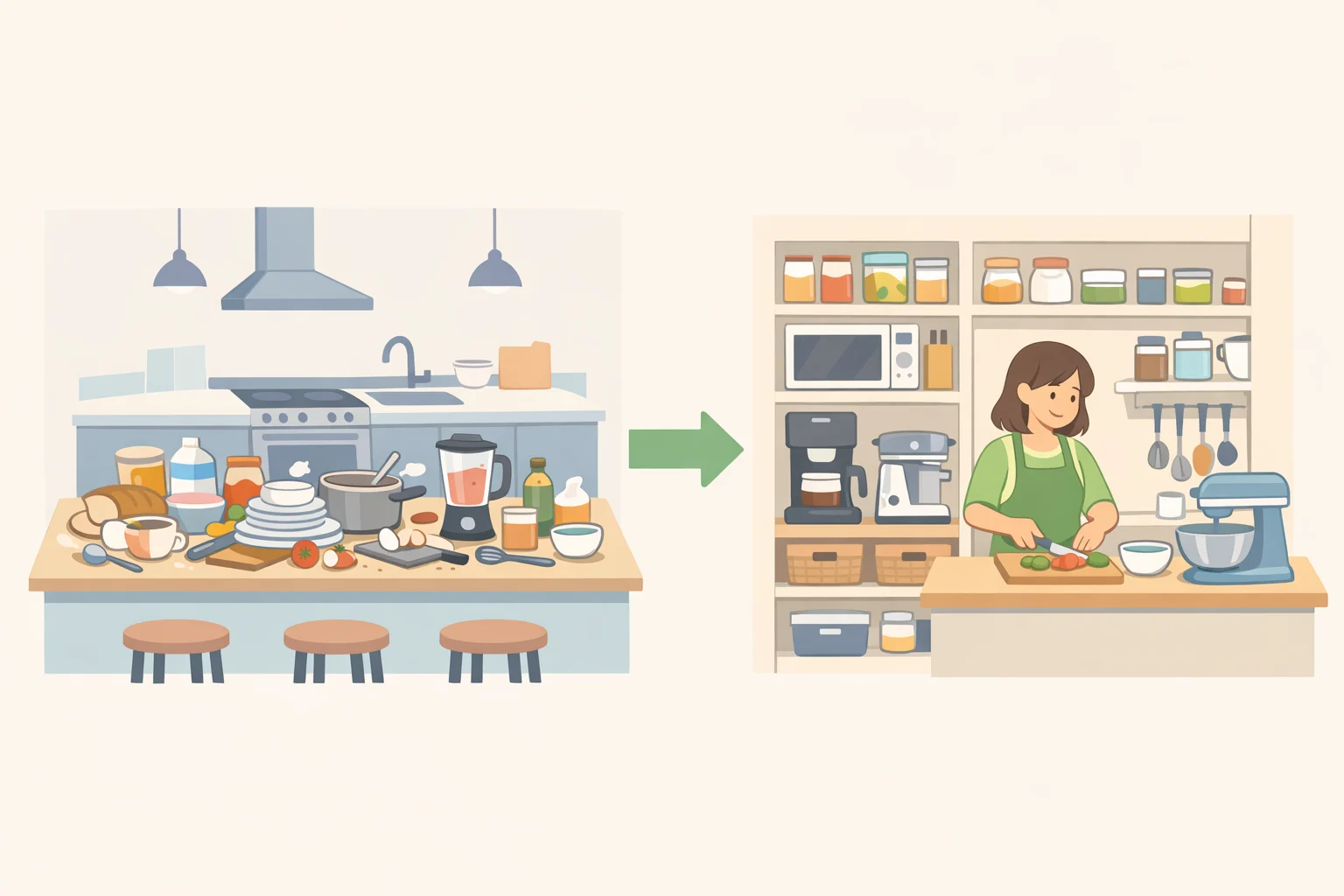 Diagram of an open-plan kitchen showing coffee, wine, and appliances crowding the main counter versus the same items routed into a concealed secondary zone, illustrating why butler's pantry ideas reduce visible overflow