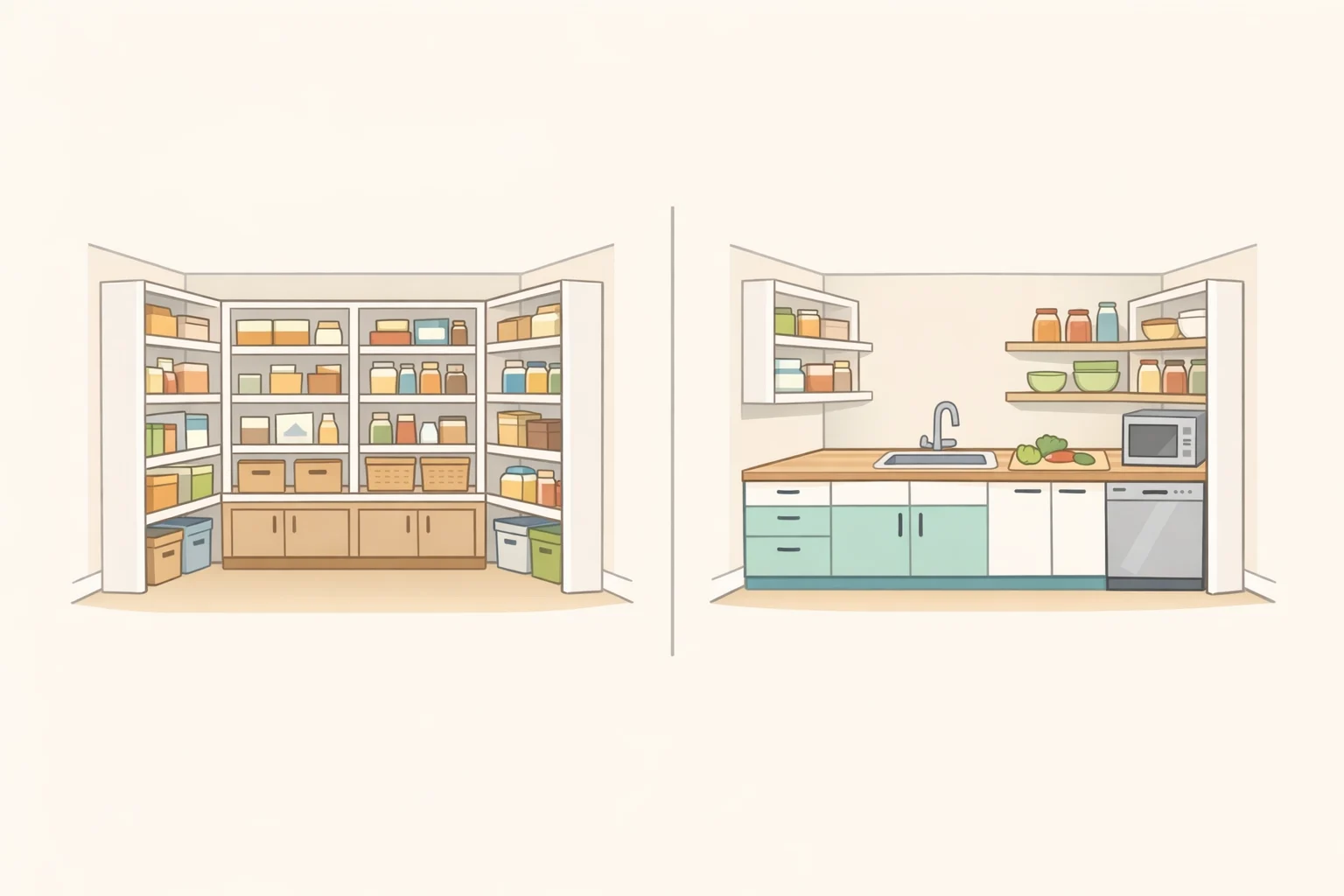 Infographic comparing pantry, butler's pantry, scullery, and bantry by function—closed storage, prep counter with sink, full back kitchen with dishwasher, and bar-plus-pantry beverage storage