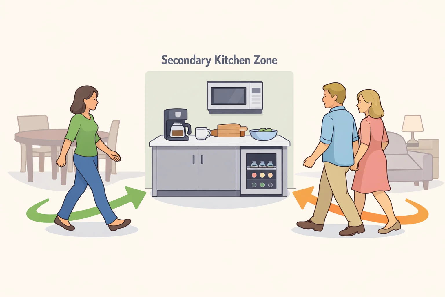 Plan-view illustration showing morning household traffic and evening guest landing paths around a butler's pantry location, highlighting how good placement connects intuitively to the kitchen