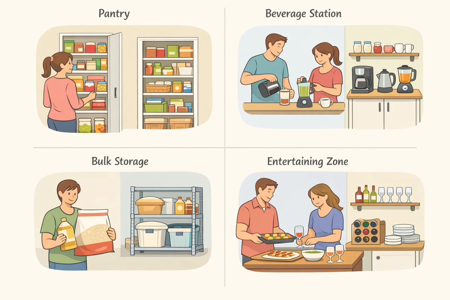 Photo-style layout of four home examples: a coffee/beverage corner, a guest-facing bar sink and beverage fridge zone, a concealed cabinet run for appliance clutter, and a hidden-work scullery with a second sink and dishwasher