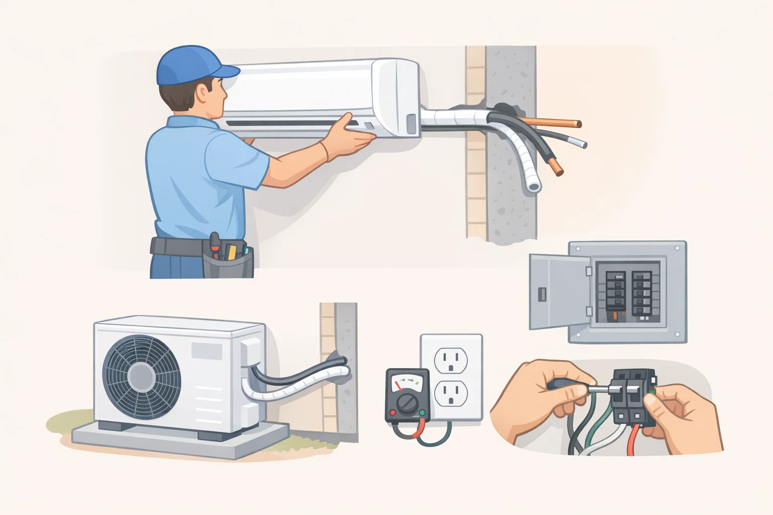 Illustration of an HVAC technician mounting a ductless mini split indoor head on a wall, with the outdoor line set routed outside and an electrician checking a dedicated 220V circuit