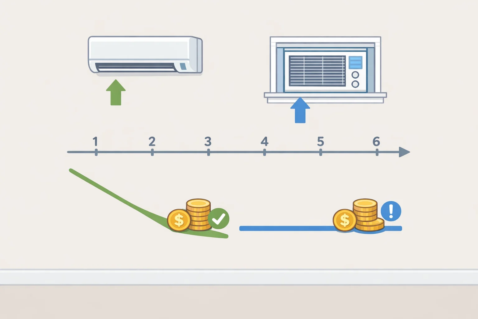 Illustration comparing payback and lifespan of a mini split (15–20 years) against a window AC (5–10 years) over a 3-year versus 10-year stay