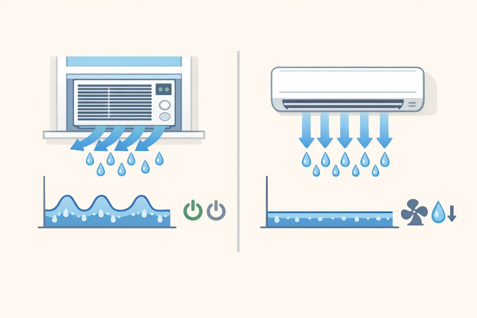 Illustration showing window AC vs mini split moisture removal: window unit cycling leaves air cold and clammy while the mini split pulls humidity down steadily
