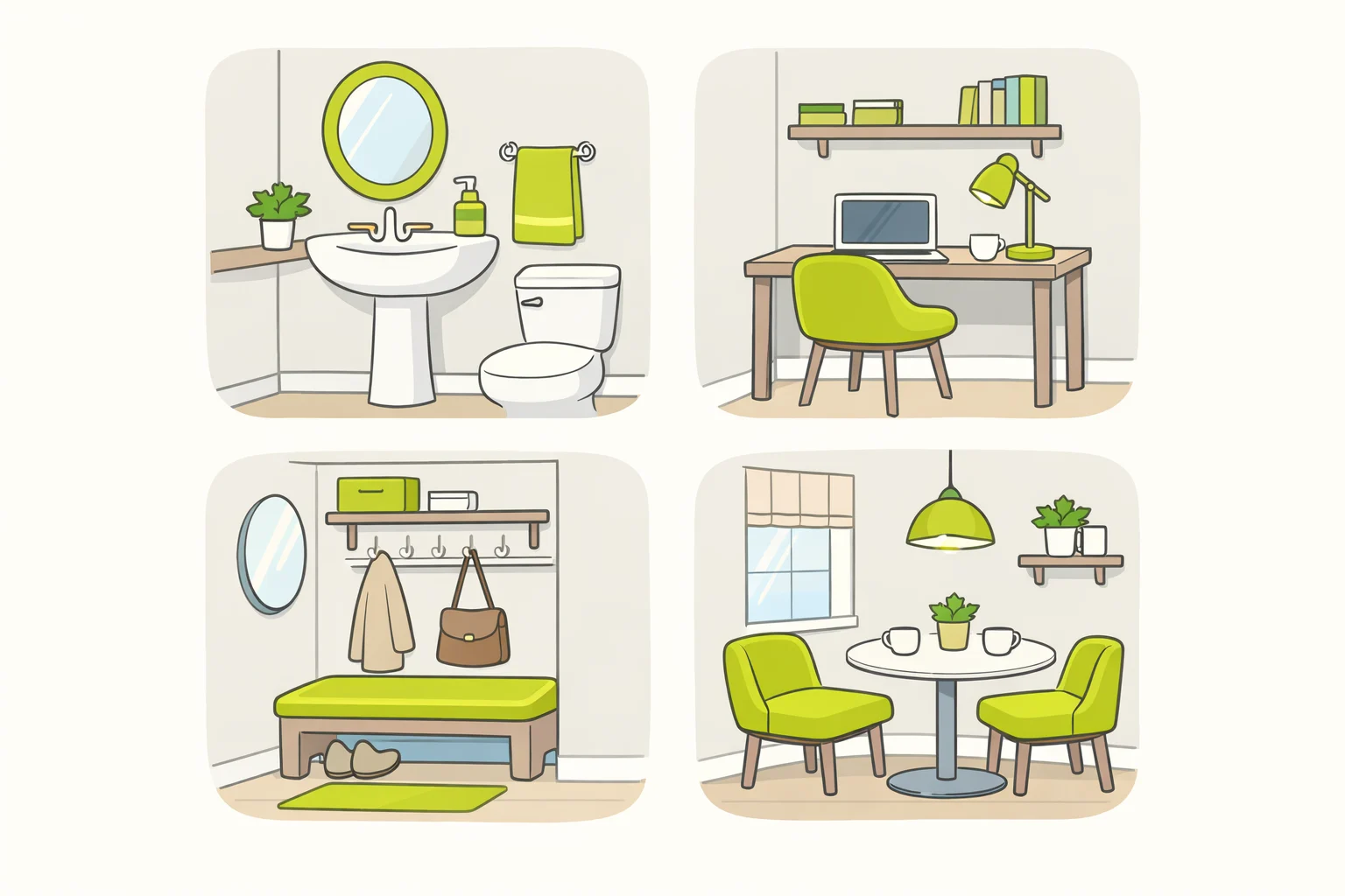 Illustration of a powder room, butler's pantry, and mudroom cubby featuring controlled chartreuse accents, contrasted with a caution sign for bedrooms and open-concept living areas