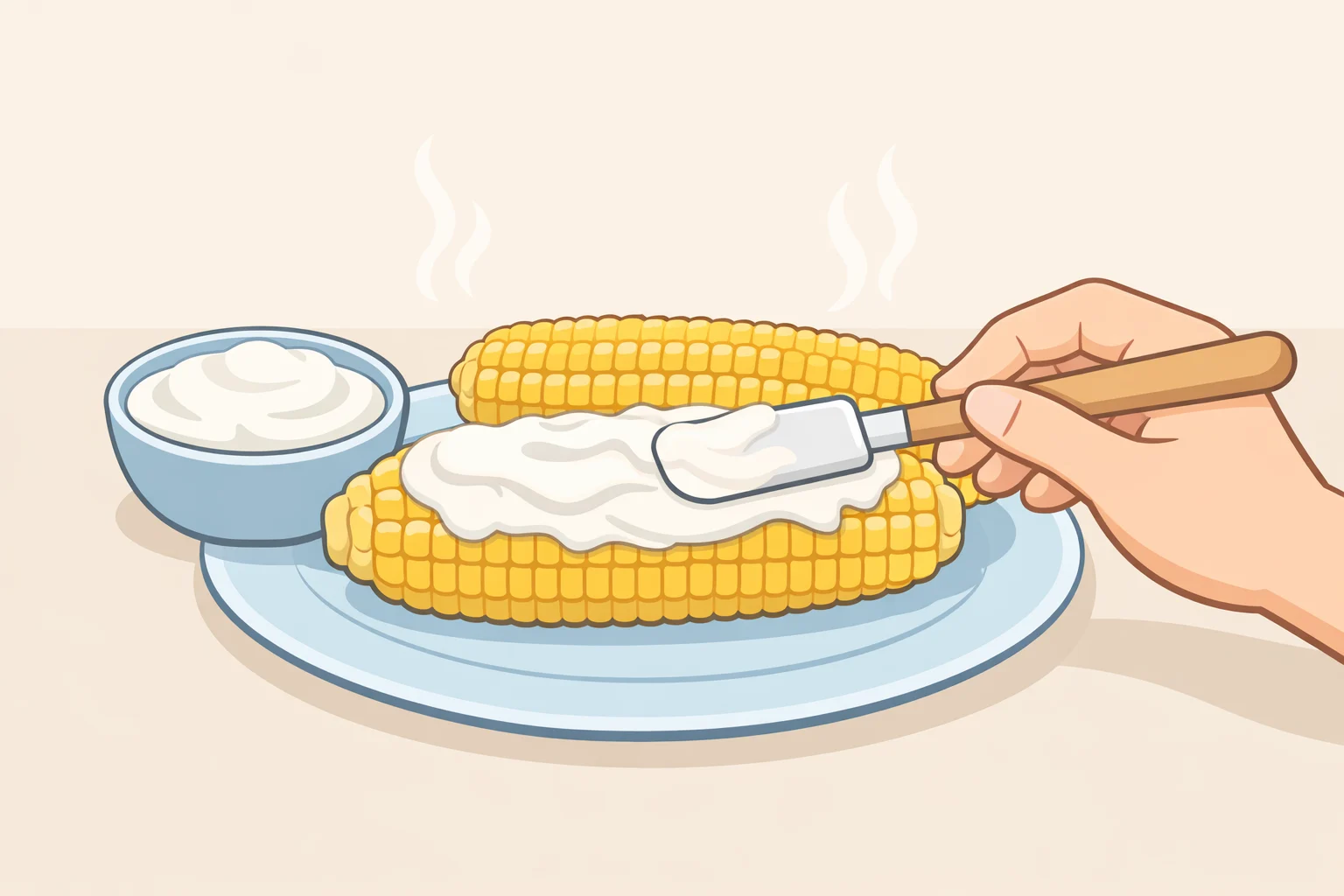 Illustration of a cook spreading Greek yogurt mixed with olive oil over hot corn to help it adhere, supporting the Greek street corn recipe