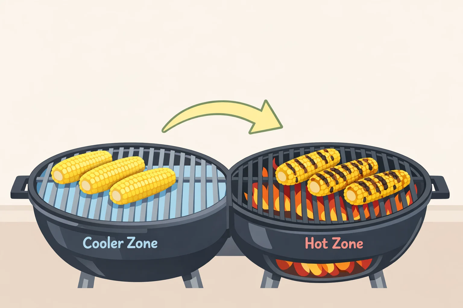 Illustration of a two-zone grill with corn on the cooler side for indirect cooking, then shifted to the hot side to blister and blacken for this Greek street corn recipe