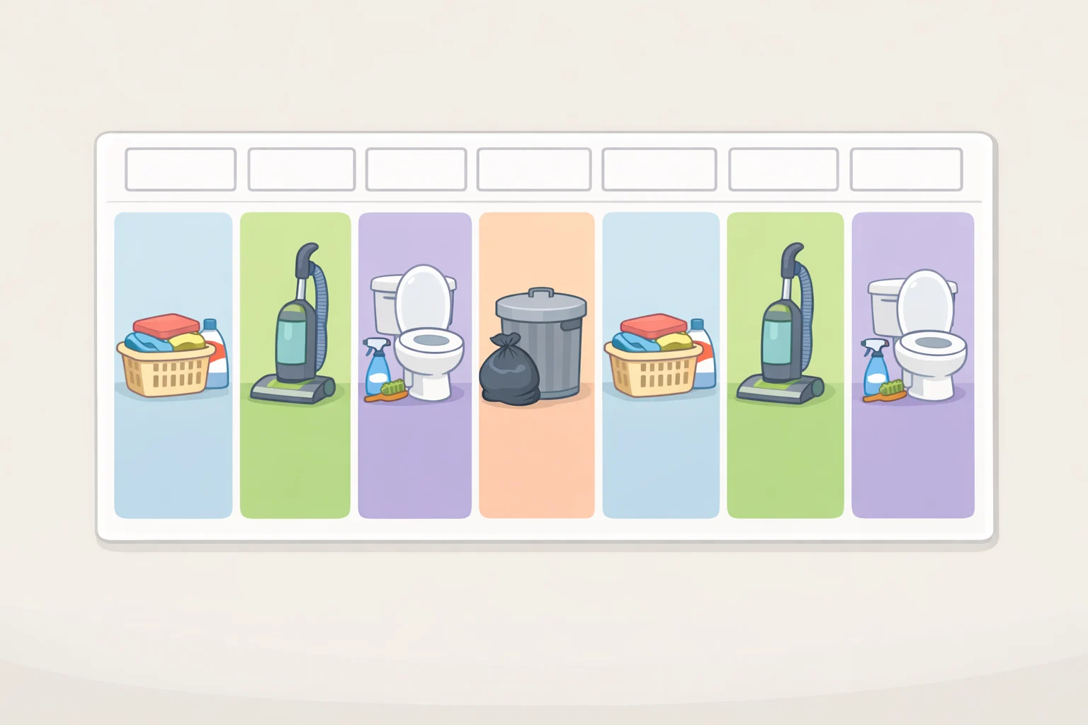 Weekly cleaning schedule calendar showing one task assigned per day (laundry, kitchen floors, vacuum and dust, bathrooms, trash) for a room-by-room rotation