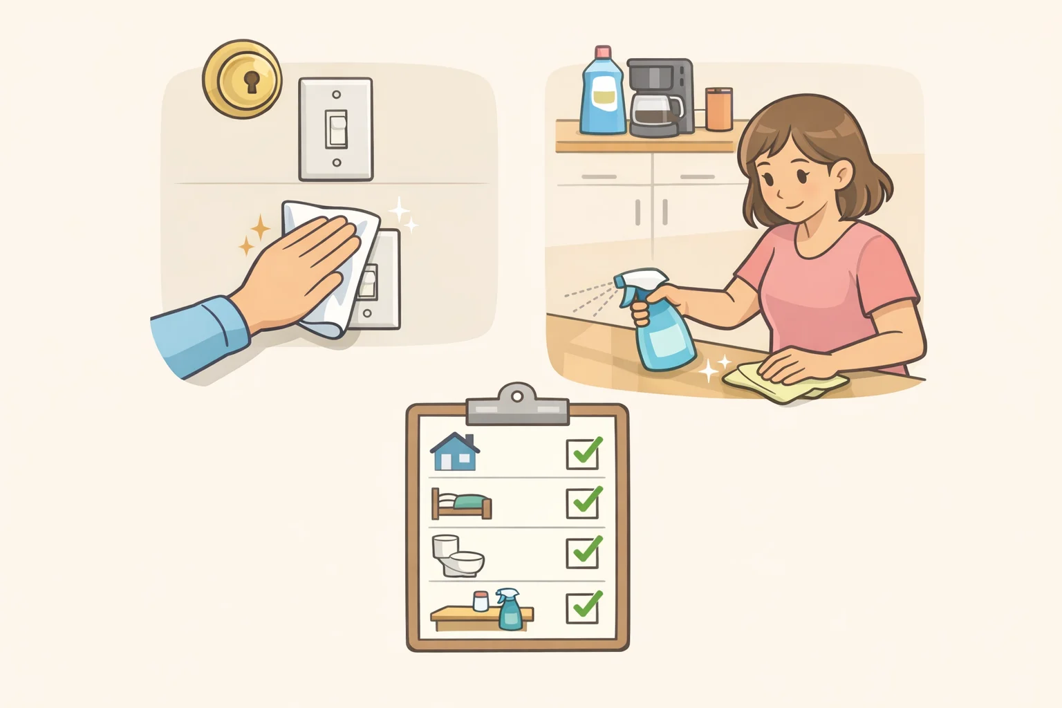 Daily cleaning checklist card with steps for wiping kitchen counters, spot cleaning spills, and putting away clutter as part of a daily weekly monthly yearly cleaning schedule
