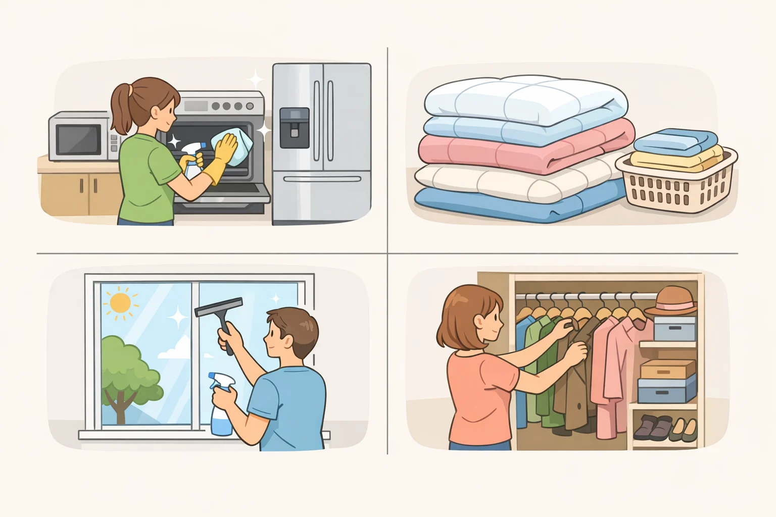 Monthly deep cleaning plan diagram dividing tasks into four weekends: appliances and cabinets, blankets and light fixtures, windows and mirrors, then closets and storage areas
