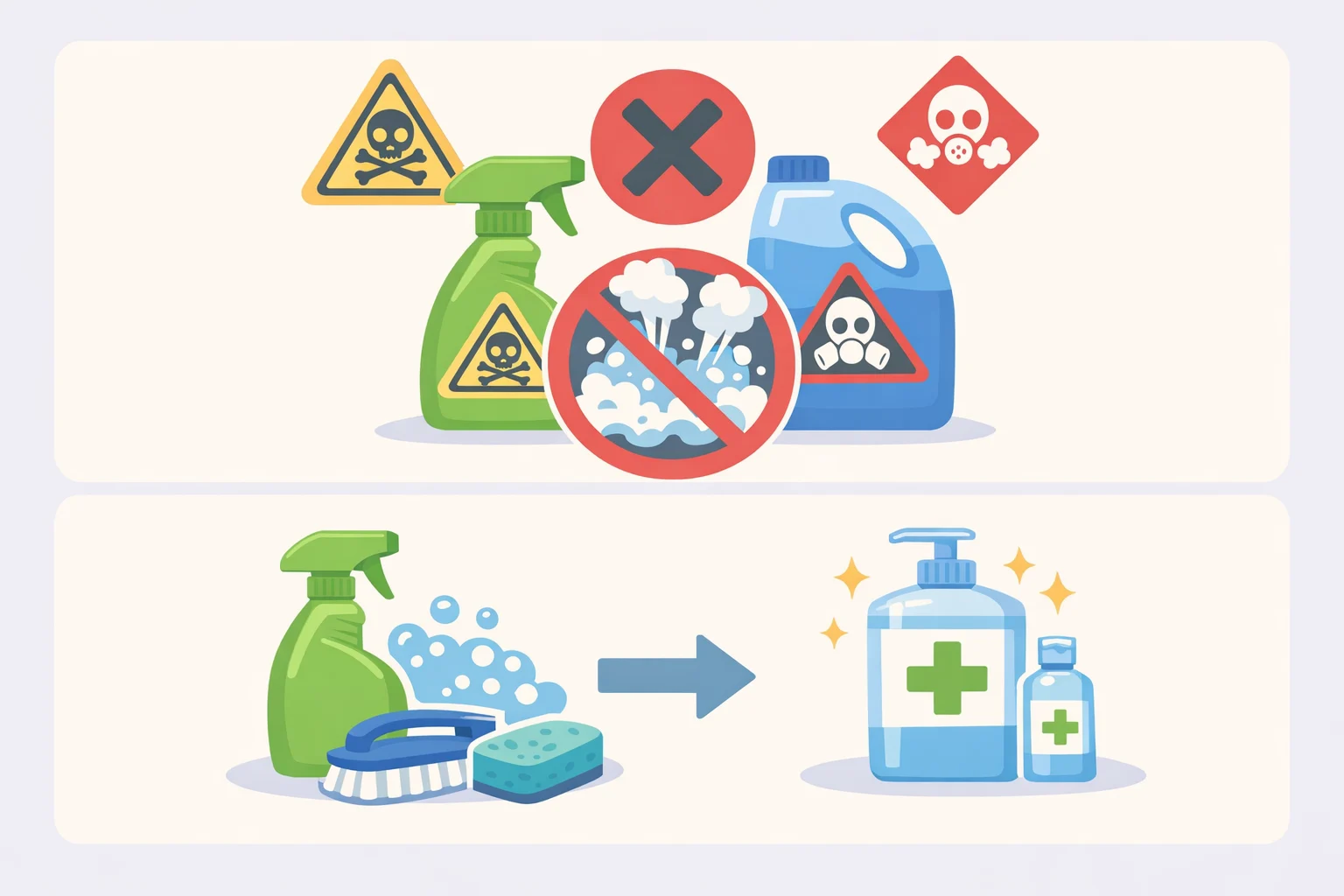 Safety infographic showing cleaning vs sanitizing vs disinfecting steps and a warning to never mix cleaning products, with label-reading and safe storage reminders