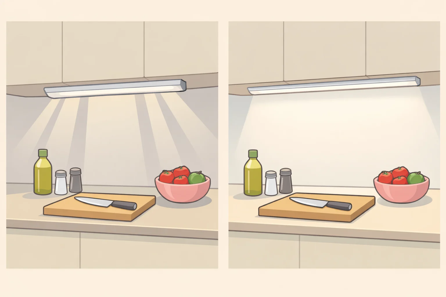 Before-and-after lighting layout showing under-cabinet LED strips replacing a flat overhead fluorescent fixture to reduce countertop shadow lines in a small kitchen