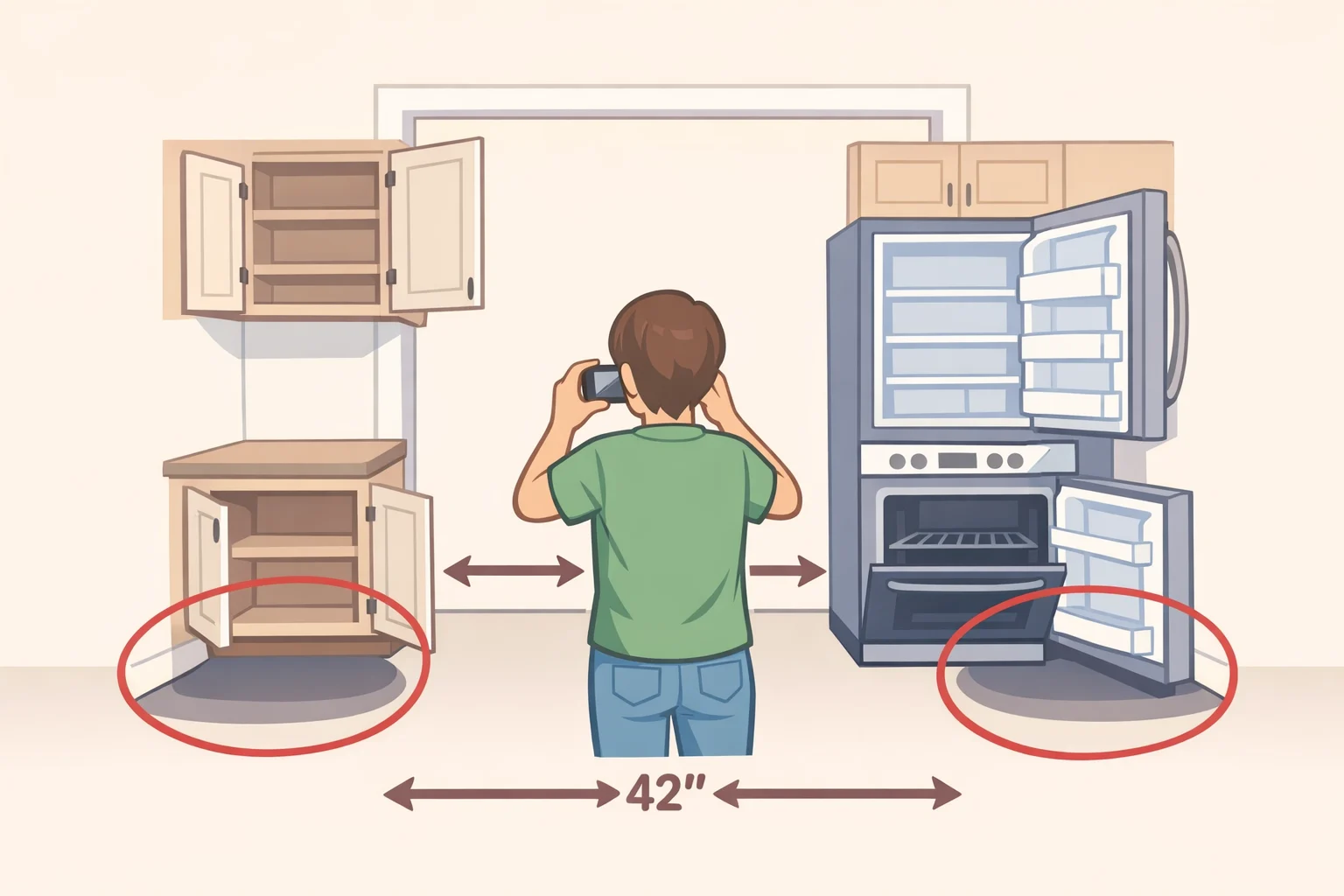 Audit diagram for how to make a small kitchen feel bigger: photographing from the doorway, circling the darkest counter shadow under upper cabinets, and measuring the aisle with appliance doors open