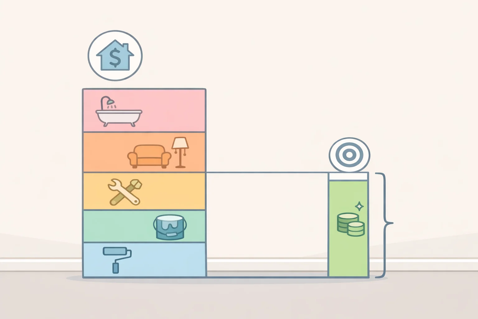 Budget breakdown chart for a small kitchen refresh listing materials like flooring, pendant fixture, and under-cabinet LED strips, with totals compared to the overall budget