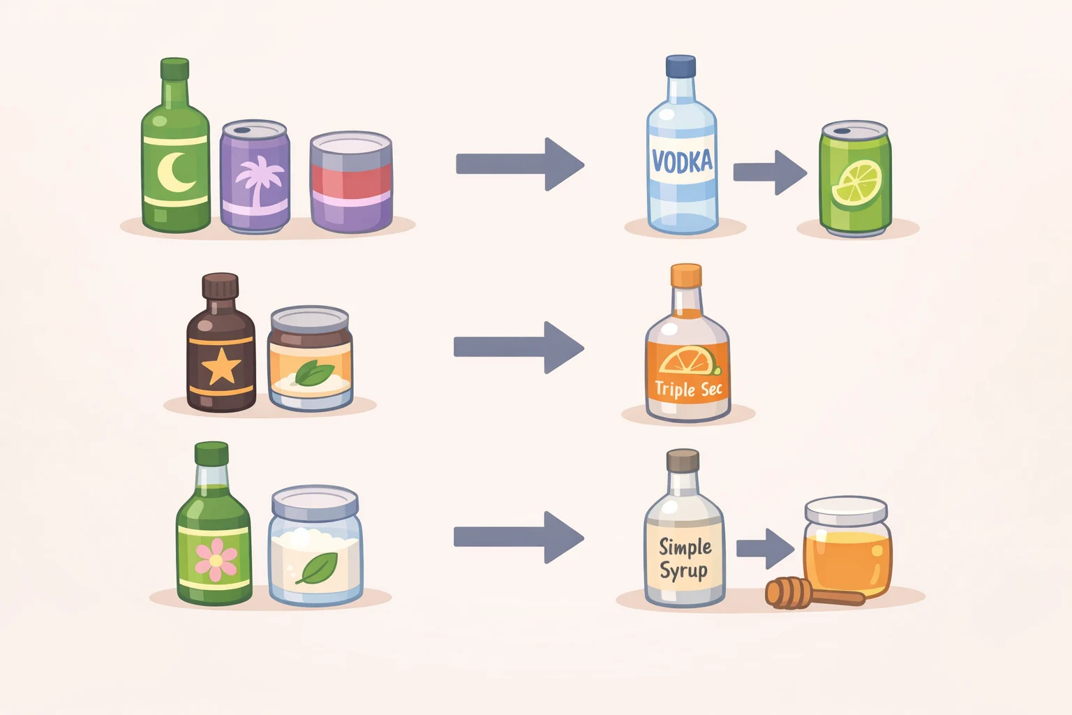 Chart illustrating the Xanadu same-night version substitutions: mezcal, pineapple juice, lime, and spicy ginger beer topped with aromatic bitters and sage, leaving out Pathfinder and using accessible bitters instead