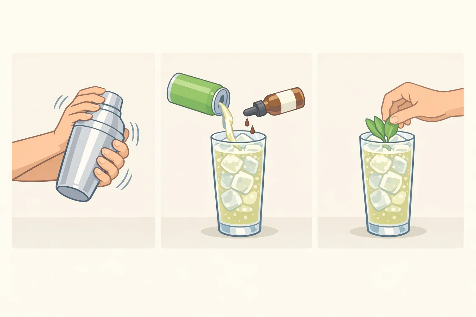 Step-by-step visual of a Xanadu cocktail recipe method: combining mezcal, Pathfinder Hemp & Root, pineapple juice, and lime in a shaker, shaking with ice, topping with ginger beer, adding Xanadu Bitters dashes, and garnishing with a lightly slapped sage sprig