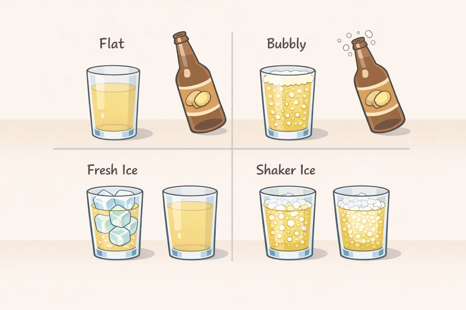 Illustration comparing how fresh ice in the serving glass preserves ginger beer fizz versus dilution from shaker ice, plus how choosing extra-spicy, well-carbonated ginger beer affects whether the Xanadu cocktail tastes flat, sweet, or spicy